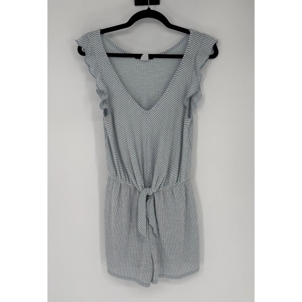 Caution to the Wind Romper Womens Medium Blue White Ruffle Summer Beach Vacation